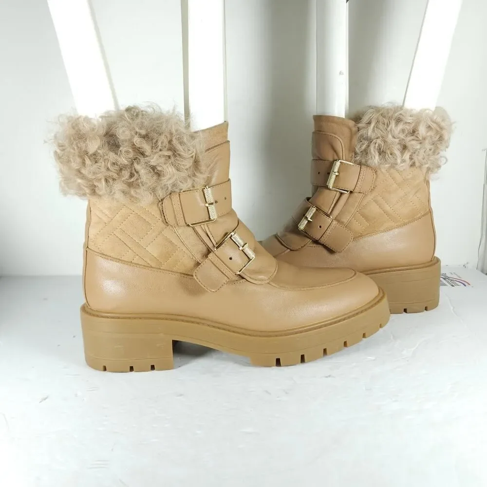 Aquazzura Women's Ryan US8,5 EU39 Bisque Leather Suede Lug Sole Shearling boots
